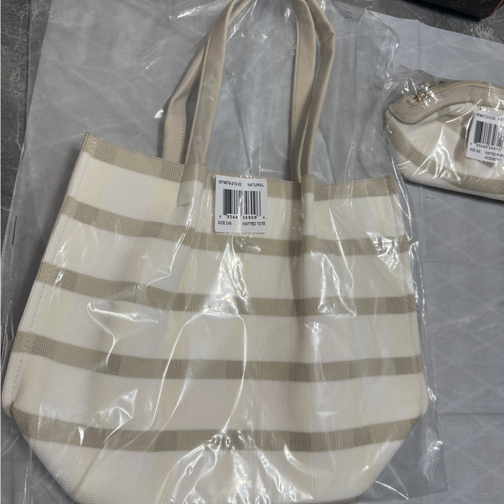 Louis Vuitton Cream & Beige Striped Canvas Tote with Pouch